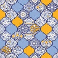 Azulejos tiles patchwork. Hand drawn seamless abstract pattern. Islam, Arabic, Indian, Ottoman motifs. Majolica pottery tile, blue